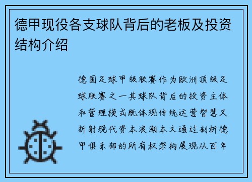 德甲现役各支球队背后的老板及投资结构介绍